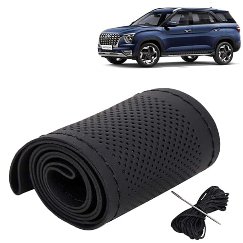 Image of KINGSWAY PU Leatherite Car Steering Cover Sewable Compatible with Hyundai Alcazar (Year 2021 Onwards), Black Color with Black Thread, Pack of 1 with Sewing Needle and Thread