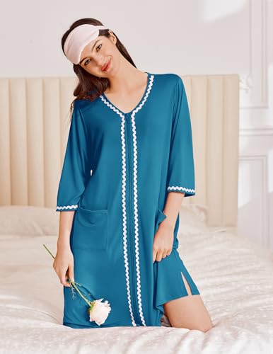 Image of Ekouaer Zipper Robes for Women 3 /4 Sleeves Lightweight House Coat Zip Up Bathrobe Soft Nightgown with Pockets S-3XL