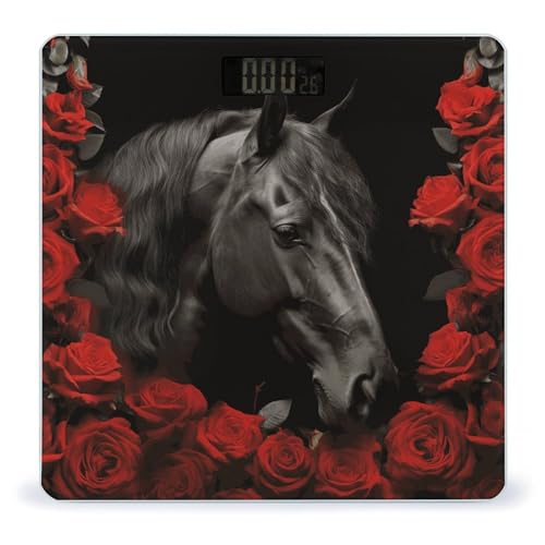 Báscula digital con diseño caballo negro y fondo de rosas rojas miniatura 1