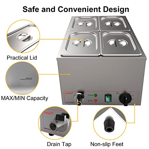 Valgus Commercial Stainless Steel 4 Sections Bain Marie Food Warmer 16 Qt Buffet Server With Lid And Tap For Home, Catering, Restaurants #TOP4