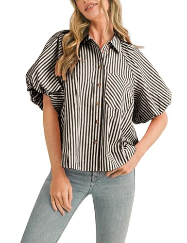Women's Striped Button Down Shirt Puff Sleeve Collared V Neck Loose Casual Dressy Blouse Top