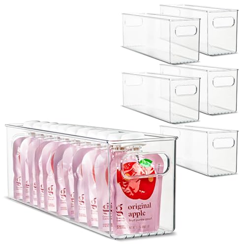 Plastic Food Storage 6 Pack Clear Container Bin with Handles for Organizing Kitchen, Pantry, Fridge, Freezer, Pantry,Bathroom. 16″x4″x5″