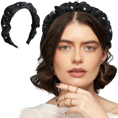 Ababalaya Black Puffy Hairband for Women and Teens - Solid Wide Satin Headband, Soft No-Teeth Hoop Hair Accessory