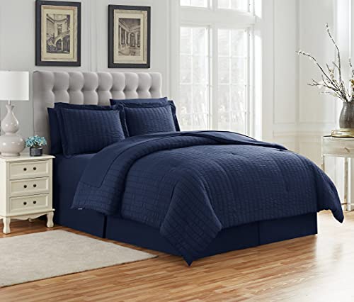 Image of Queen Comforter Set 8 Piece Bed in a Bag with Bed Skirt, Fitted Sheet, Flat Sheet, 2 Pillowcases, 2 Pillow Shams, Queen, Seersucker Navy