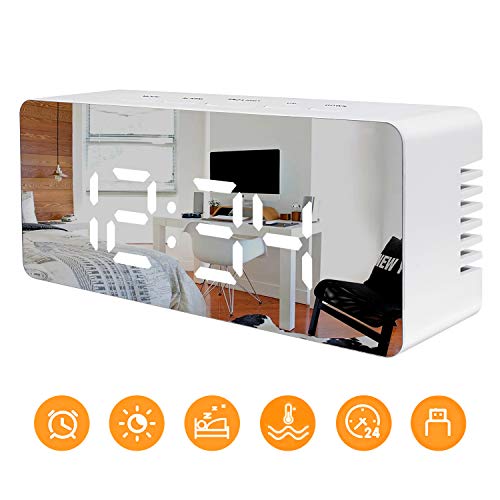 Juboos Despertador Digital, Despertador Digital LED Espejo Despertador de Viaje USB con Repetición/Fecha/Temperatura para Dormitorio Oficina Noche Niños y Adultos (Negro)