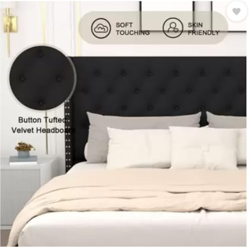 Image of Wooden Modern Upholstered King Size Bed for Bedroom | Wooden Double Bed Without Storage | Platform Cot Upholstered Bed with Upholstery Fabric | Engineered Wood | 6.5 x 6 Ft | Black Chosen
