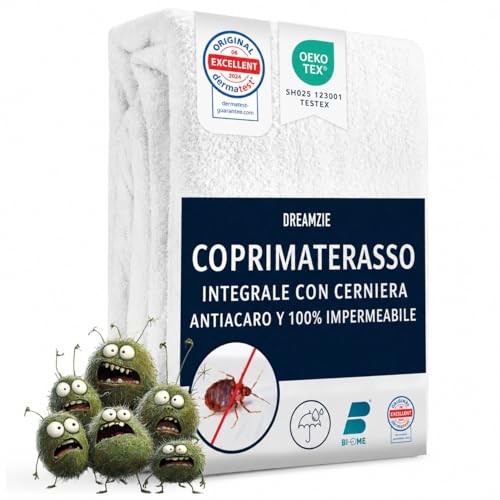 Dreamzie Coprimaterasso Matrimoniale Impermeabile 180x200 x 28 cm - Coprimaterasso Antiacaro Integrale con Chiusura a Zip per Allergici