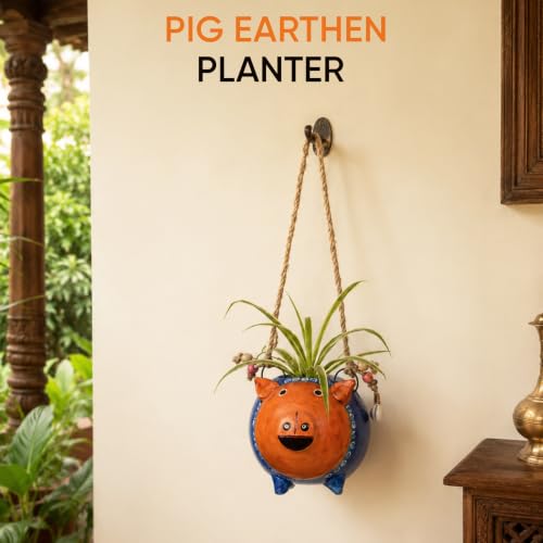 Image of AAKRITI ART CREATIONS Terracotta Hanging Planter | Blue Pig Design with Jute Hanger, Modern Art, Matte Finish | Decorative Hanging Pot for Indoor & Outdoor Home Decor