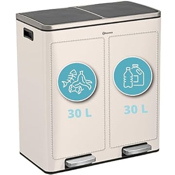 Homra Dual Kitchen Bin 60l – Double Rubbish Bins 2x30l – 2 Compartment Pedal System – Twin Section Waste&Recycling Separation – Soft Close Design – Inner Buckets with Handles - Stainless Steel
