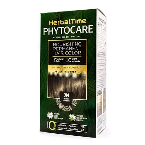 Herbal Time Phytocare Permanent Haarfärbung, Farbe Dunkelblond 7N | Professionelles Naturhaarfarbe Kit | Pflegt und schützt dein Haar | Ohne Ammoniak, PPD und SLS | 124,5 ml