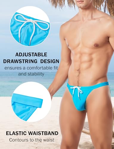 FEOYA Men Low Rise Bikini Briefs Drawstring Bulge Pouch Swimsuit Solid Quick Dry Swim Brief Swimwear4