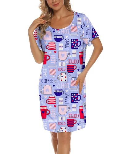 Image of ENJOYNIGHT Womens Cotton Nightgown Short Sleeve Sleepshirt Print Nightshirt | Short-Sleeve Crew Neck, Soft Cotton Fabric, Cartoon Printed Sleep Shirt, Loose Fit