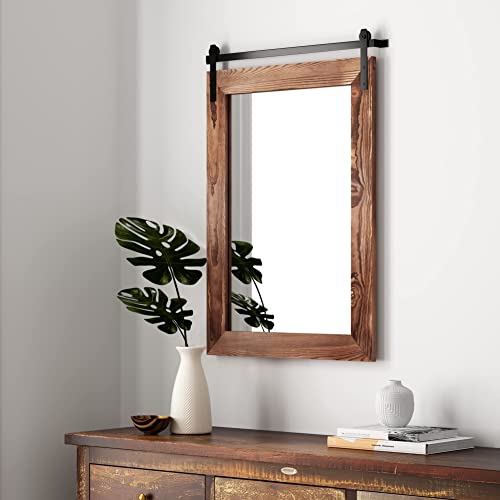 Image of COGOOD Farmhouse Barn Door Mirror - 26 inch X 17 inch Rustic Wood Framed Wall Mirror for Bathroom, Living Room, Entryway Wall Decorative (Brown)