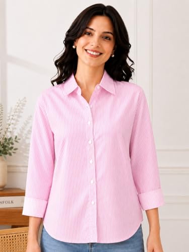 Image of Cotton Striped Shirt for Women with Long Sleeves, Ultra-Soft Cotton Blend, Regular Fit Womens Stylish Casual Shirt, Formal, Party, Beach, Summer Wear