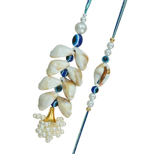 Image of eCraftIndia Beautiful Shell Pearl Designer Bhaiya Bhabhi Rakhis with Best Bro Ever Fridge Magnet | Set of 2 Rakhi for Brother and Bhabhi | Lumba Rakhi | Roli Chawal Pack