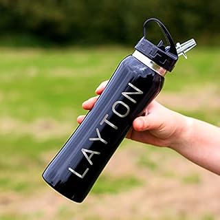 eBuyGB Personalised Water Bottle with Flip Straw for School, Nursery, Gym - Reusable BPA Free 800ml Stainless Steel Sports Drinks Travel Bottle Cup for Children, Adults - Any Name or Text (Black)