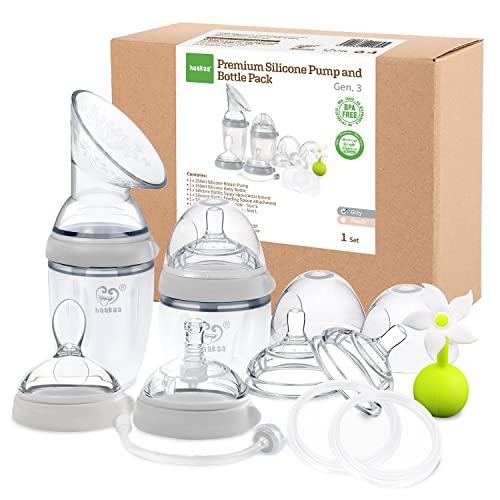 Image of haakaa Gen.3 Premium Silicone Pump Combo (Gray) - Gen.3 Breast Pump with Flower Stopper, Baby Bottle for Feeding, Changable with Sippy Spout, Silicone Clip and Silicone Spoon Head