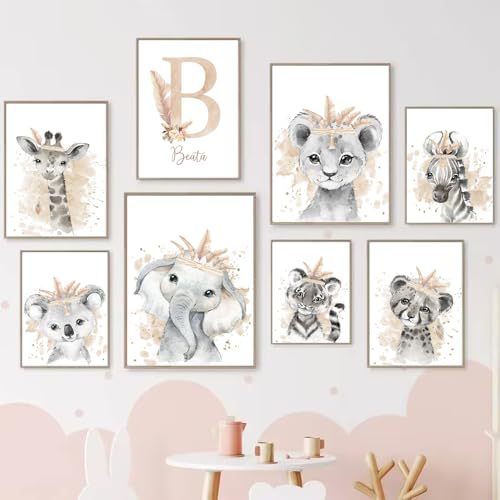 BeiYiHo Cuadros Animales Infantiles 21x30 Laminas Decorativas Pared Infantil Nombre Cuadro Personalizado Bebe Lamina Poster Animales Niños Lienzo Habitacion Decoracion Bebé Niña Regalo SIN MARCO