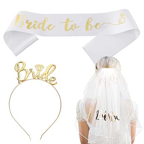 3 Stück Bride-to- be Schärpe Schleier Haarband Gold JGA Schärpe Weiß Brautschleier Damen Junggesellinnenabschied Zubehör Hochzeit Fotografie Spielzubehör