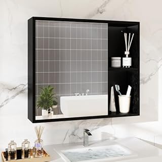 Giantex Medicine Cabinet, Bathroom Wall Cabinet with Mirror Door, 2 Adjustable Shelves, 2 Open Shelves, Vanity Mirrored Cabinet, Over The Toilet Storage Cabinet for Laundry Room Entryway, Black