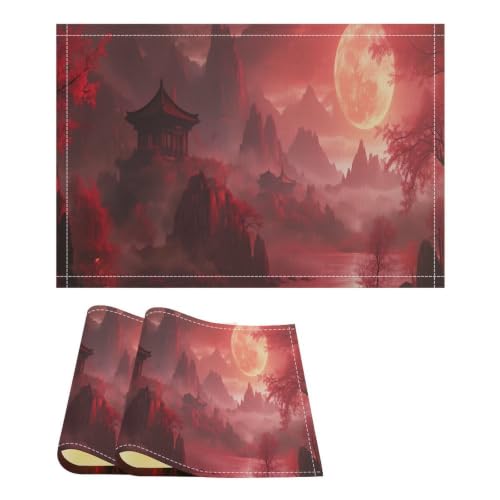Mountain Pavilion at Sunset Landscape Linen Placemats for Dining Table, Heat Resistant Washable Table Mats, Non Slip Table Place Mats for Kitchen, Dining Room, 12" X 18", Set of 2