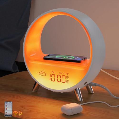 Image of MOMILLA Smart Sunrise Alarm Clock with Wireless Charger,Bluetooth Speaker | Bluetooth Speaker App Control,Wake-Up Light,White Noise Machine, Charging Station Compatible with Airpods /iPhone Bedrooms