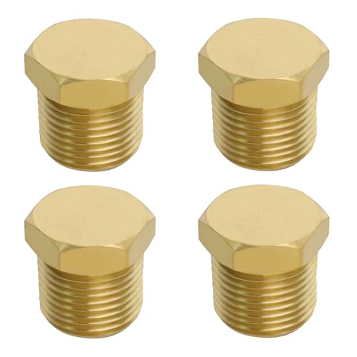 EMSea 4pcs 1/4inch NPT Male Thread Brass Pipe Plug Hex Outernal Head Socket Fitting for Blocking Off Intake Manifold Water Ports Water Pump Ports Gold