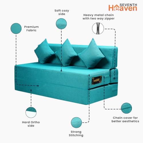Image of Seventh Heaven Rejioce 4 Seater 6 * 6 Jute Fabric Washable Cover Sofa Cum Bed with 3 Cushions 4 Seater Double Foam Fold Out Sofa Cum Bed (Finish Color - Blue Delivery Condition - Pre-Assembled)