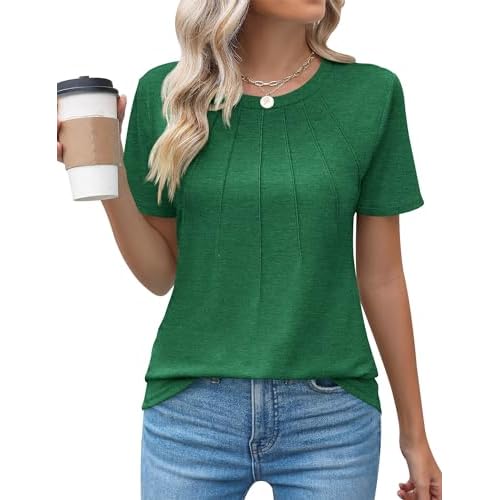 Kistore Womens Casual Crew Neck Short Sleeve Pleated Tops Blouses Fashion Clothes 2026 A1 Soild Green 3X-Large