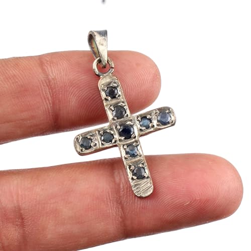 Pendentif croix saphir argent 925 pierre septembre maman - 2