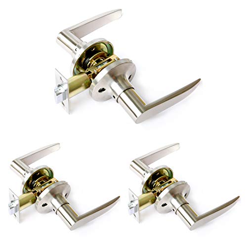 3 Pack Modern Round Passage Door Lever/Door Handle Keyless, Hall or Closet Lever Satin Nickel Finish, Stainless Steel Door Knobs Reversible for Right or Left Side