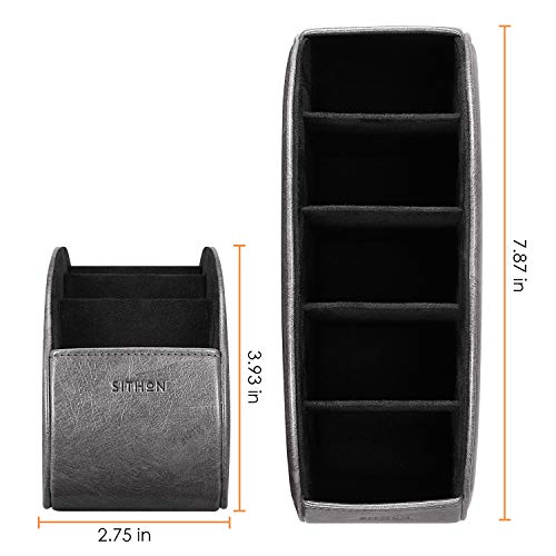 Image of SITHON Remote Control Holder with 5 Compartments - PU Leather Remote Caddy Desktop Organizer Store TV, DVD, Blu-Ray, Media Player, Heater Controllers, Dark Gray