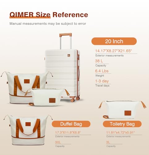 QIMER Carry on Luggage Set, 20 Inch Suitcase with 100% PC hardshell, Lightweight TSA Locks Quiet Spinner Wheels Durable Zipper, Suitable for Men and Women, Y01 Beige(20"/DB/TB) Slightly Small by QIMER - Used condition - Image 2