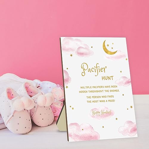Image of Baby Shower Games Pacifier Hunt Game Games for Baby Shower or Gender Reveal Baby Pacifier Hunt Sign Wooden 50 Pink Acrylic Pacifiers for Party Games Star Moon Design