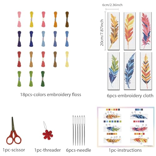 Image of FREEBLOSS 6 Set Bookmark Cross Stitch Kits Stitch Bookmark Cross Stitch Kits with Instructions Feather Pattern Punch Needle Kit for Beginners Bookmark Making Kit for Gift