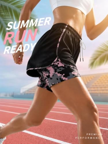 nnOuOnn Short de sport 2 en 1 pour femme avec poches, short d'entraînement pour dames avec doublure camouflage, vêtement de sport léger pour le fitness, le yoga, la randonnée et l'entraînement, Noir – vue 2
