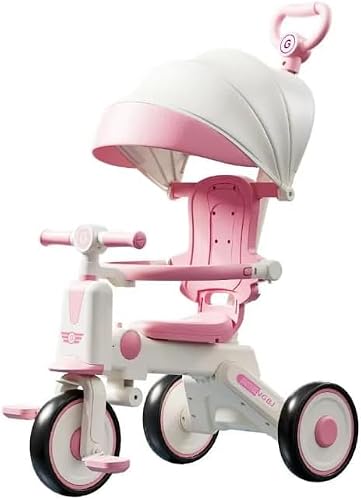 4 in 1 Tricycle with Canopy, Pink and White, Adjustable Push Handle, Toddler Trike(Pink)