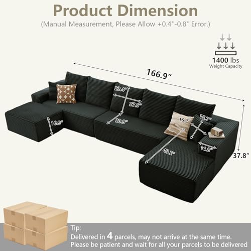 Image of Lakifun 166.9 inch U-Shape Cloud Couch, Modern Modular Sectional Comfy L-Shape Sofa with Ottoman, Deep Seat, Upholstered Corduroy Sleeper Chaise Longue for Living Room Bedroom, No Assembly Required, Black