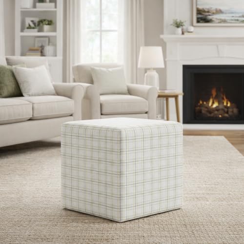 Image of HomePop 19 inch Square Ottoman - Natural Plaid Woven Fabric