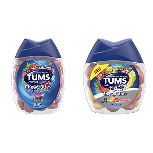 Tums Chewy Bites Assorted Berries Antacid Hard Shell Chews For Heartburn Relief, 60 Count And Tums Chewy Bites Antacid With Gas Relief, Lemon And Strawberry, 28 Chewable Tablets #TOP20