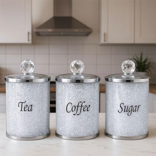 BMLIMITED BML Diamond Crushed Tea Coffee Sugar Canisters Jars Kitchen Sparkle Kitchenware Storage Silver Trimmings Crystal Modern Containers Filled Black Writing (White Diamond Crystal Set)