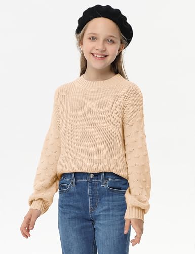 Image of Girls Crewneck Knit Pullover Sweaters Long Lantern Sleeve Oversized Knit Cute Jumper Tops