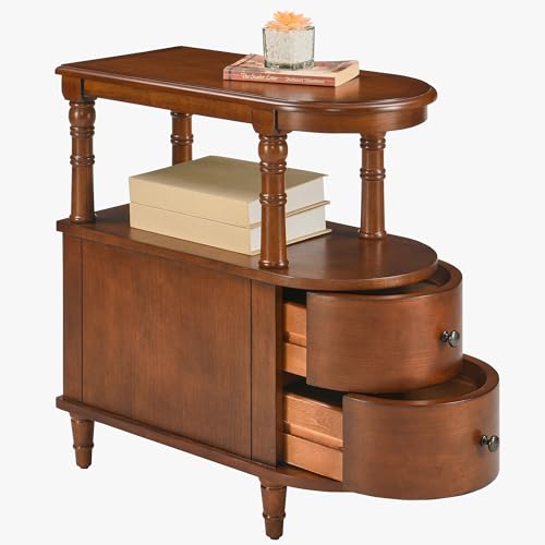 Slim End Side Table with 2 Drawers and Storage Space, Retro Vintage Sofa Beside Table, Wood Narrow Telephone Table for Living Room,29L x 59.5W x 64.2H cm No-tools Assembly, Caramel Brown BG-A508-MG