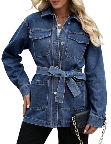 Skirt BL Jean Jacket Women With Belt Mid Long Oversized Denim Jacket for Women With Pocket Long Sleeve Jean Coat Trendy