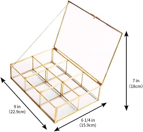Golden Vintage Glass Box Clear Glass & Brass Metal Storage Jewelry and Cosmetic Makeup Lipstick Holder Organizer Beauty Display, 6 Compartment