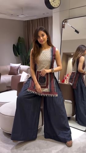 Image of ANNI Designer Co Ord Set for Women Cotton Blend Printed | Kurta Palazzo Set for Woman | Straight Coord Outfit Round Neck Sleeveless Stylish Ethnic Dress Trendy Womens Clothing