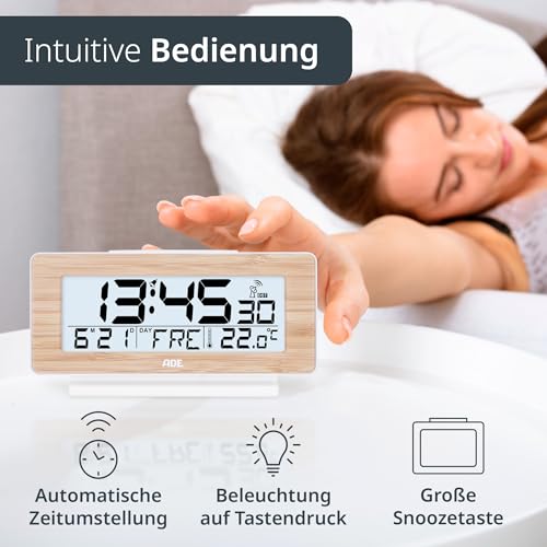 ADE Funkwecker digital mit Batterie | Tischuhr mit Temperaturanzeige und Kalender | Gehäusefront aus echtem Bambus | LCD-Display mit Beleuchtung auf Knopfdruck