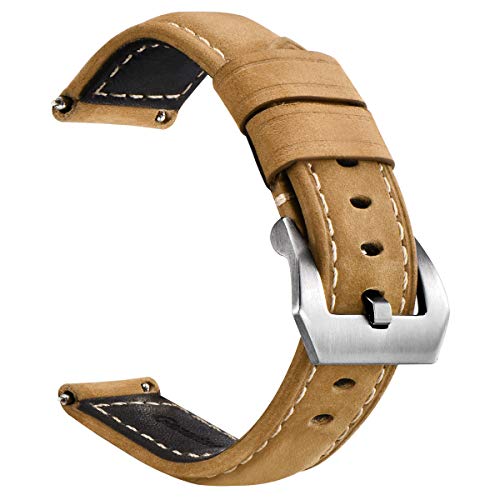 Quick Release Watch Band Leather Vintage for Digital and Analogue Watches with Stainless-Steel Buckle, Men and Women Watch Strap Size 18mm 20mm 22mm 24mm with Black, Brown and Light Brown Bracelet