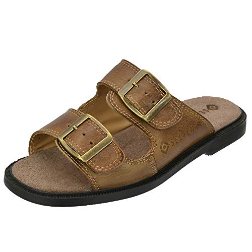 Chinelo Em Couro Com Regulagem de Altura Selten Castor 40, Caramelo