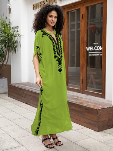 Image of KECVOT Kaftan Dresses for Women Embroidered Short Sleeve V-Neck Plus Size Caftan Bikini Swimsuit Cover-Up Long Beach Dress